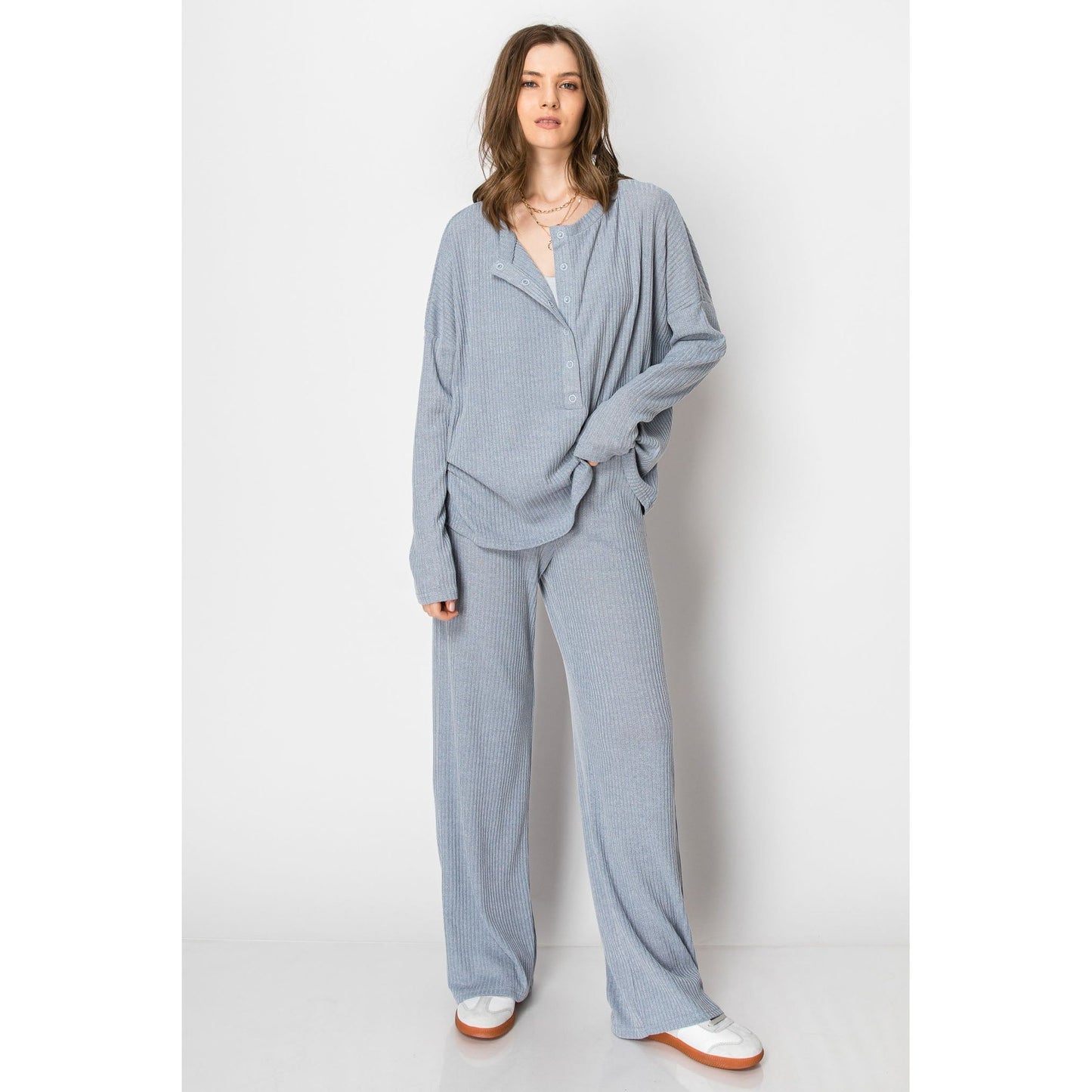 Easy Time Ribbed Knit Snap Button Long Sleeve Set