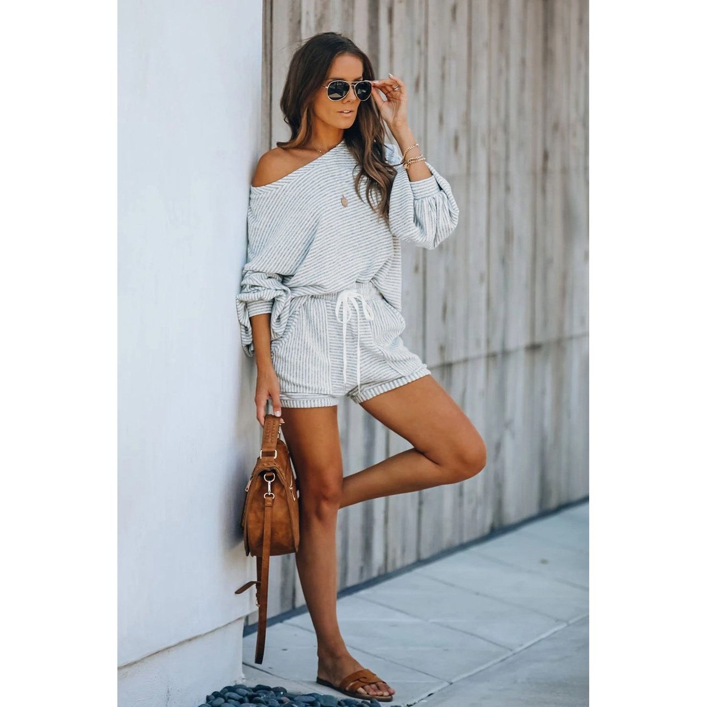 Island Balloon Sleeve Striped Cotton Blend Top & Drawstring Shorts Set