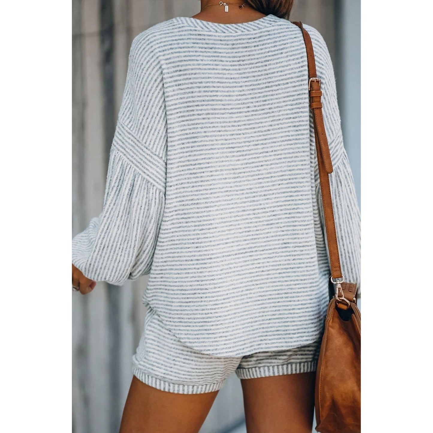 Island Balloon Sleeve Striped Cotton Blend Top & Drawstring Shorts Set