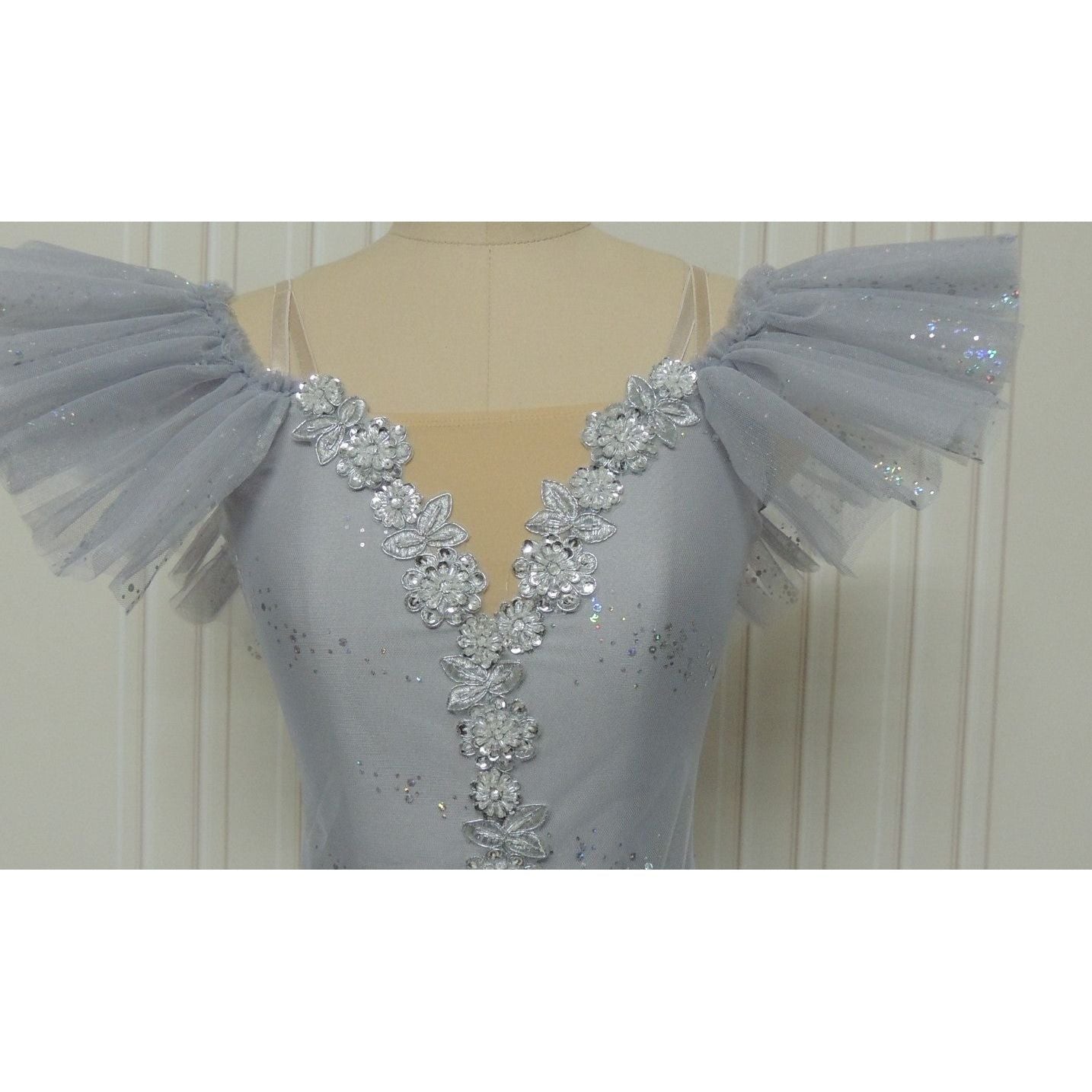 Silver Snow Ruffle Edges Ballet Tutu - Choose Sleeves Off Shoulder & Decorations