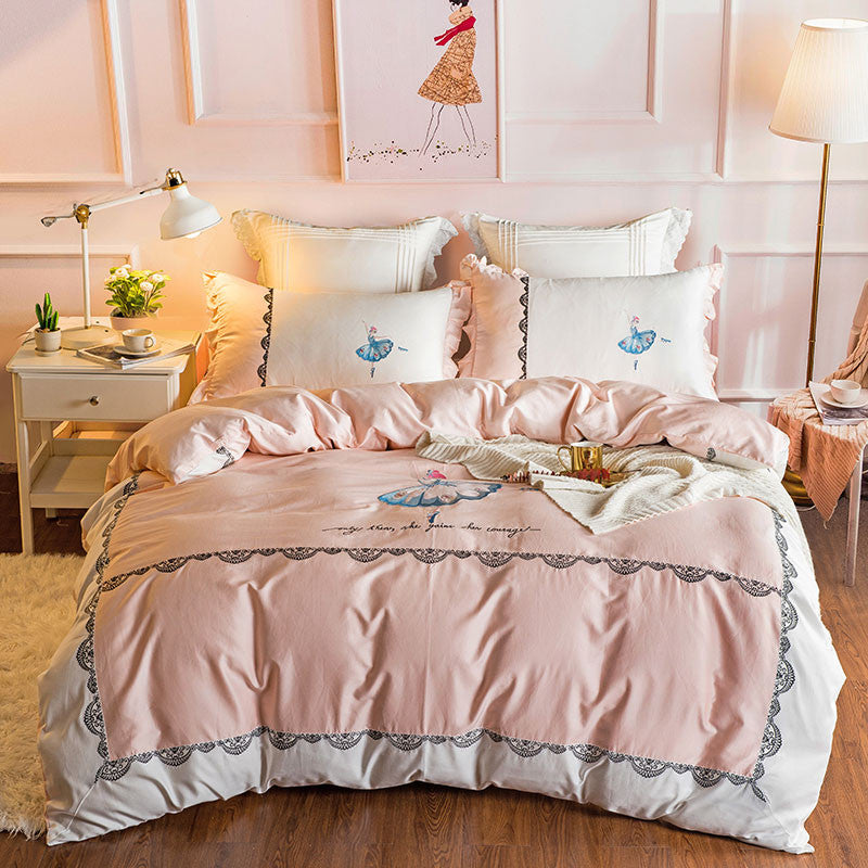 60S Egypt Cotton Luxury 4 or 7pcs Bedding se Embroidered ballet Princess Bed set Duvet cover Set- Queen and King Size available!