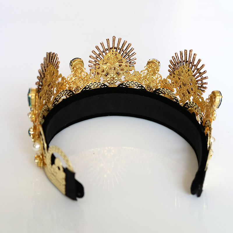 Luxury Gold Metal Flower Red Crystal Headpiece Tiara