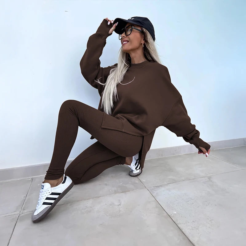 Women's Long Sleeve Solid Color Fashion Fitness Set