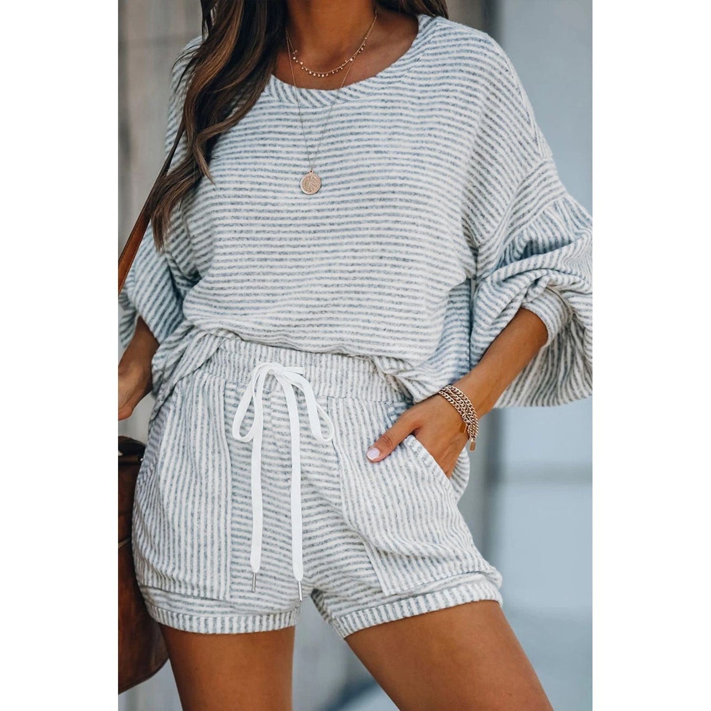 Island Balloon Sleeve Striped Cotton Blend Top & Drawstring Shorts Set