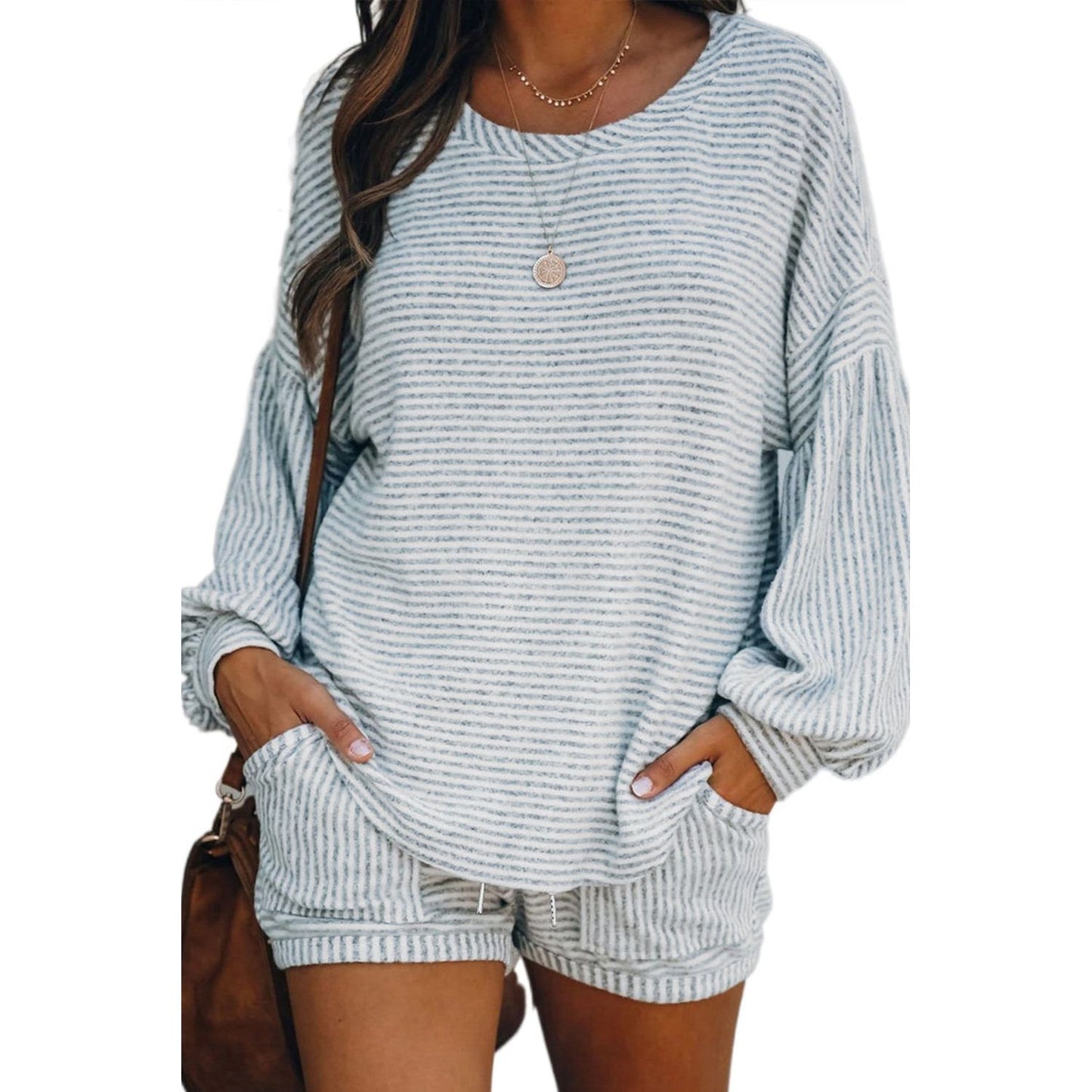 Island Balloon Sleeve Striped Cotton Blend Top & Drawstring Shorts Set