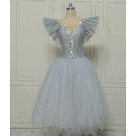 Silver Snow Ruffle Edges Off Shoulder Ballet Romantic Tutu