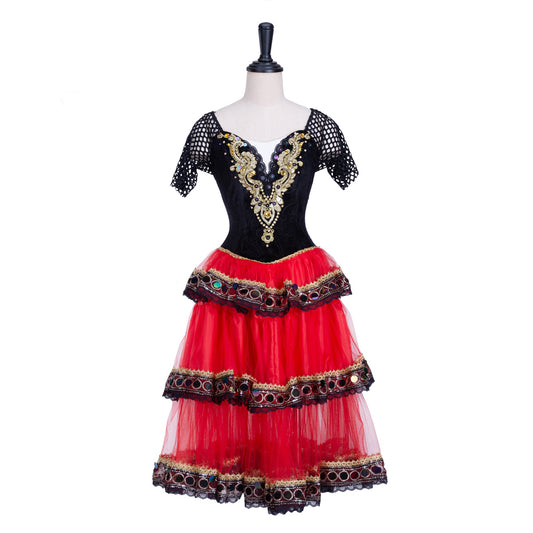 Romantic Spanish Red, Gold and Black Dress with Sleeves