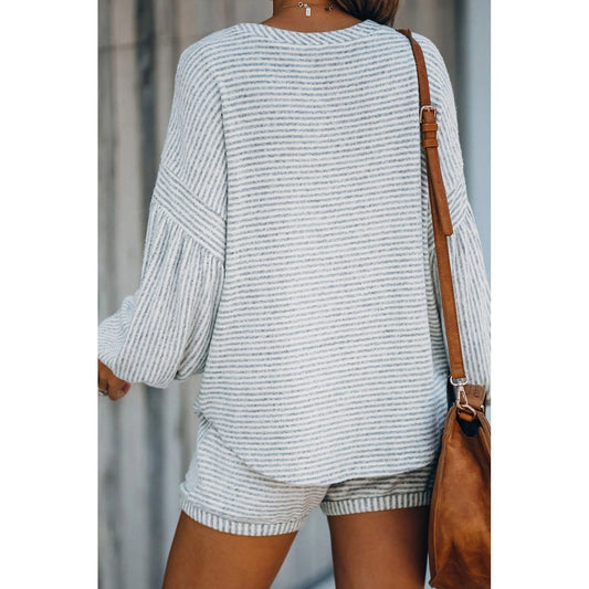 Island Balloon Sleeve Striped Cotton Blend Top & Drawstring Shorts Set