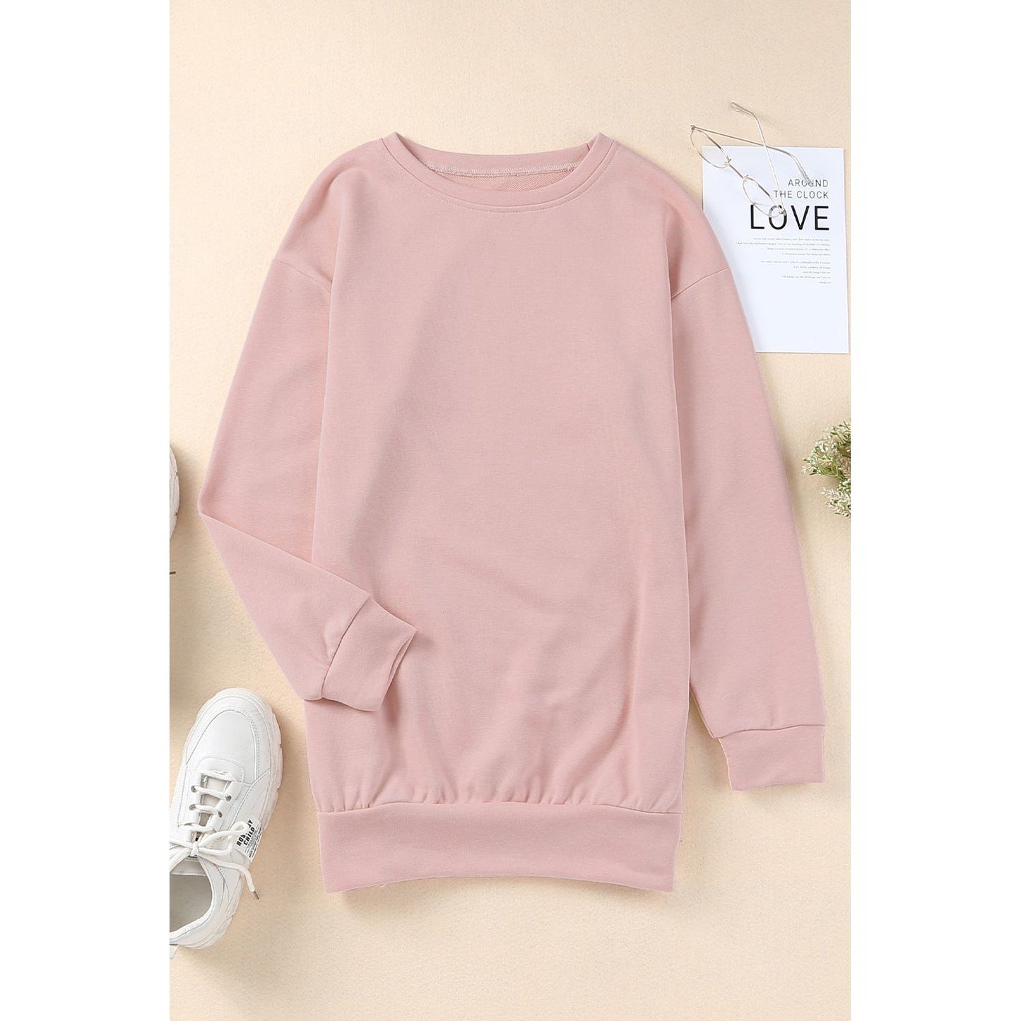 Pink Summer Crew Neck Slit Buttons Sweatshirt