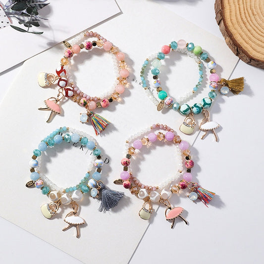 Ballet Girls Double Layer Crystal Beaded Colorful Tassel Bracelet