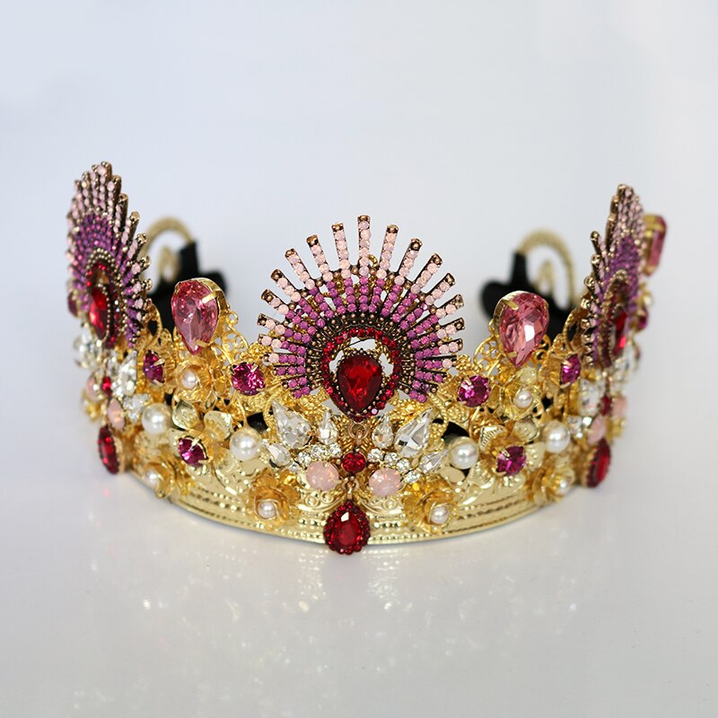 Luxury Gold Metal Flower Red Crystal Headpiece Tiara