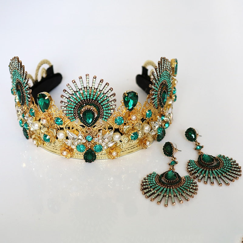 Luxury Gold Metal Flower Red Crystal Headpiece Tiara
