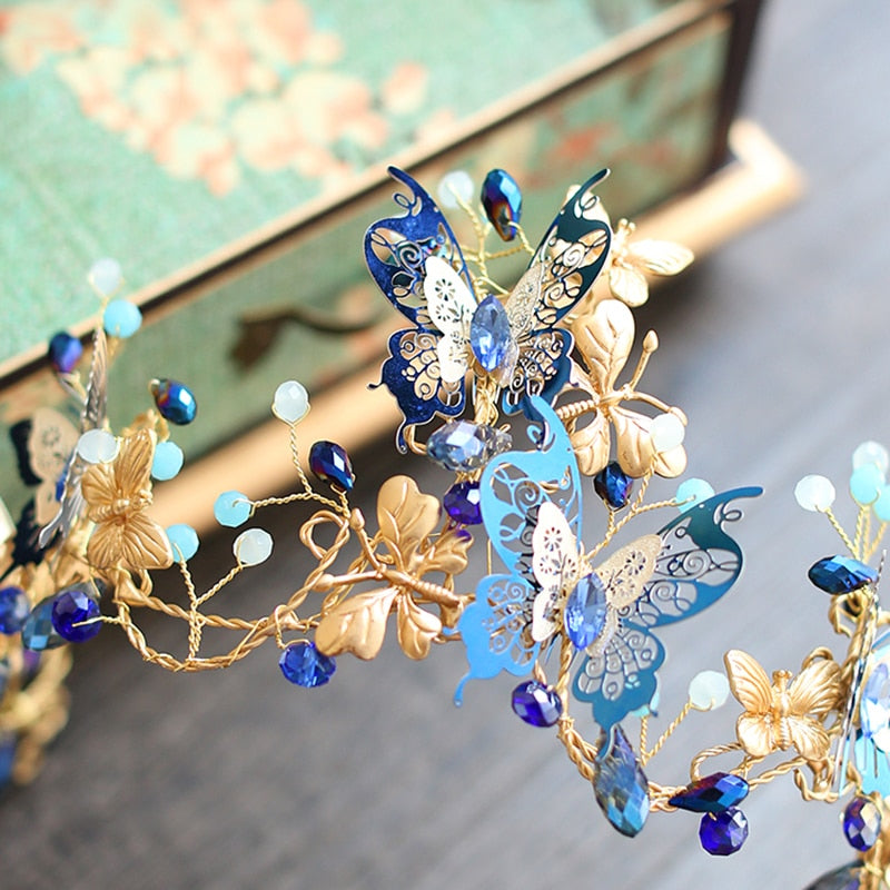 Unique Design Baroque Blue Butterfly Crown Headpiece