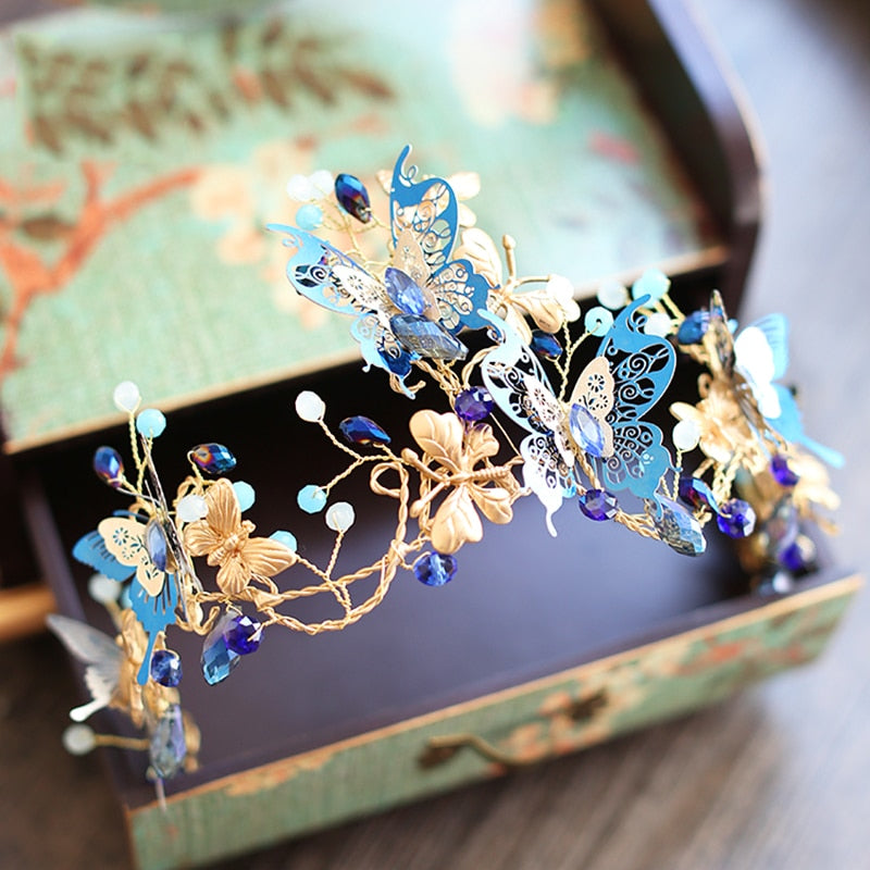 Unique Design Baroque Blue Butterfly Crown Headpiece