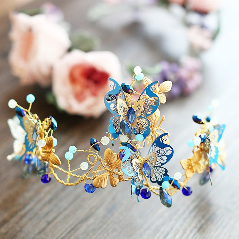 Unique Design Baroque Blue Butterfly Crown Headpiece