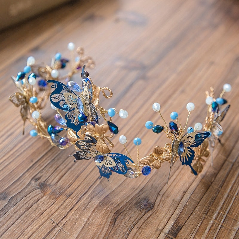 Unique Design Baroque Blue Butterfly Crown Headpiece