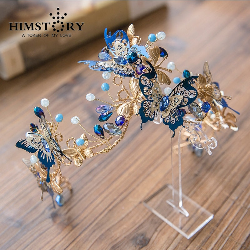 Unique Design Baroque Blue Butterfly Crown Headpiece