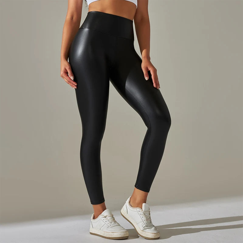 Black Silk High Waist PU Leather Leisure Leggings