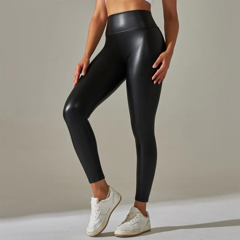 Black Silk High Waist PU Leather Leisure Leggings