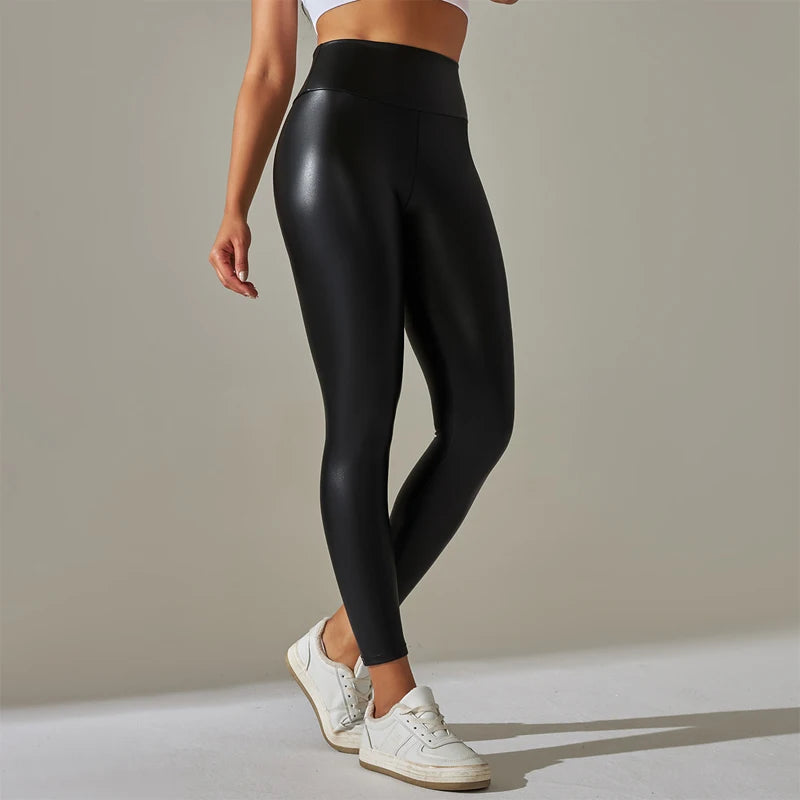 Black Silk High Waist PU Leather Leisure Leggings