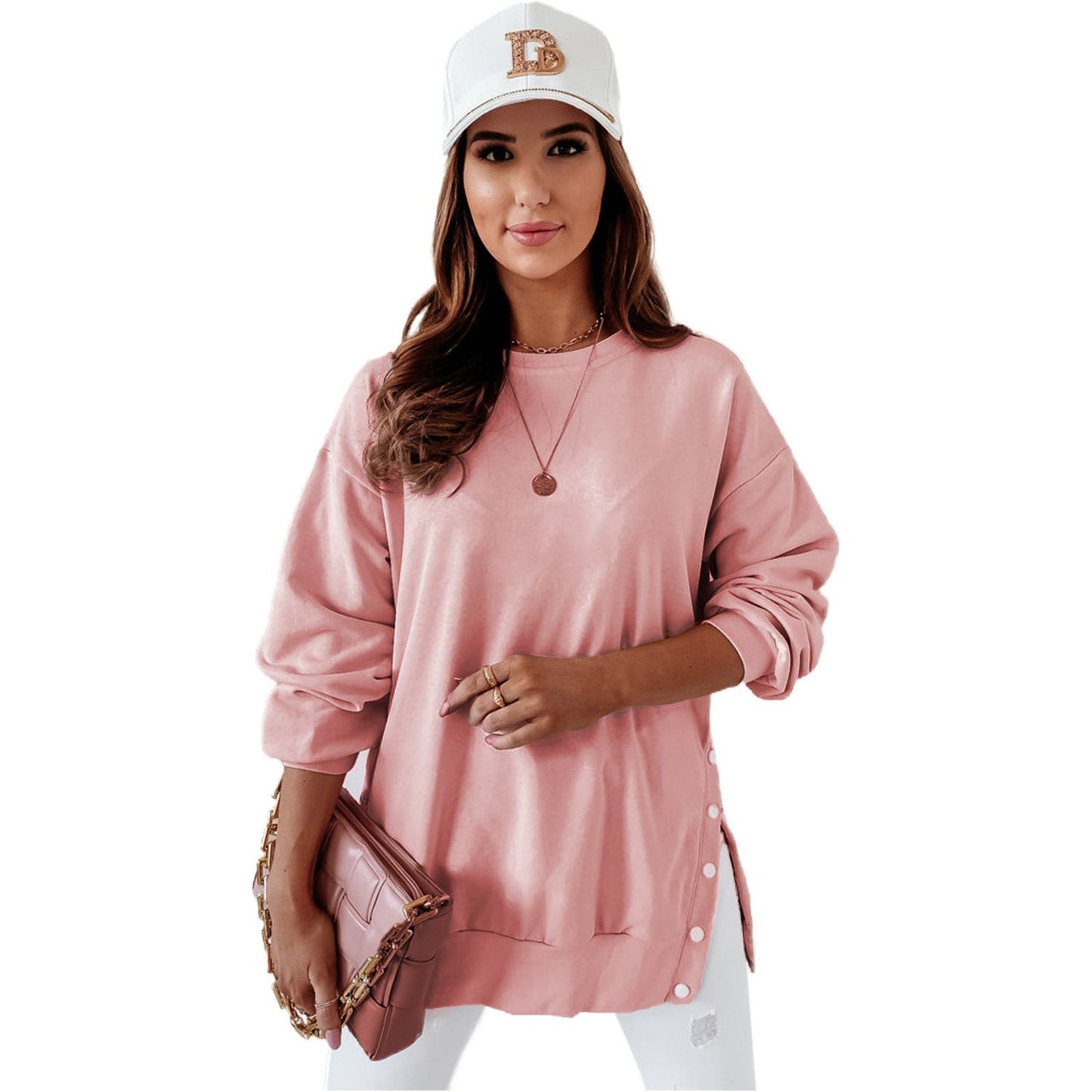 Pink Summer Crew Neck Slit Buttons Sweatshirt