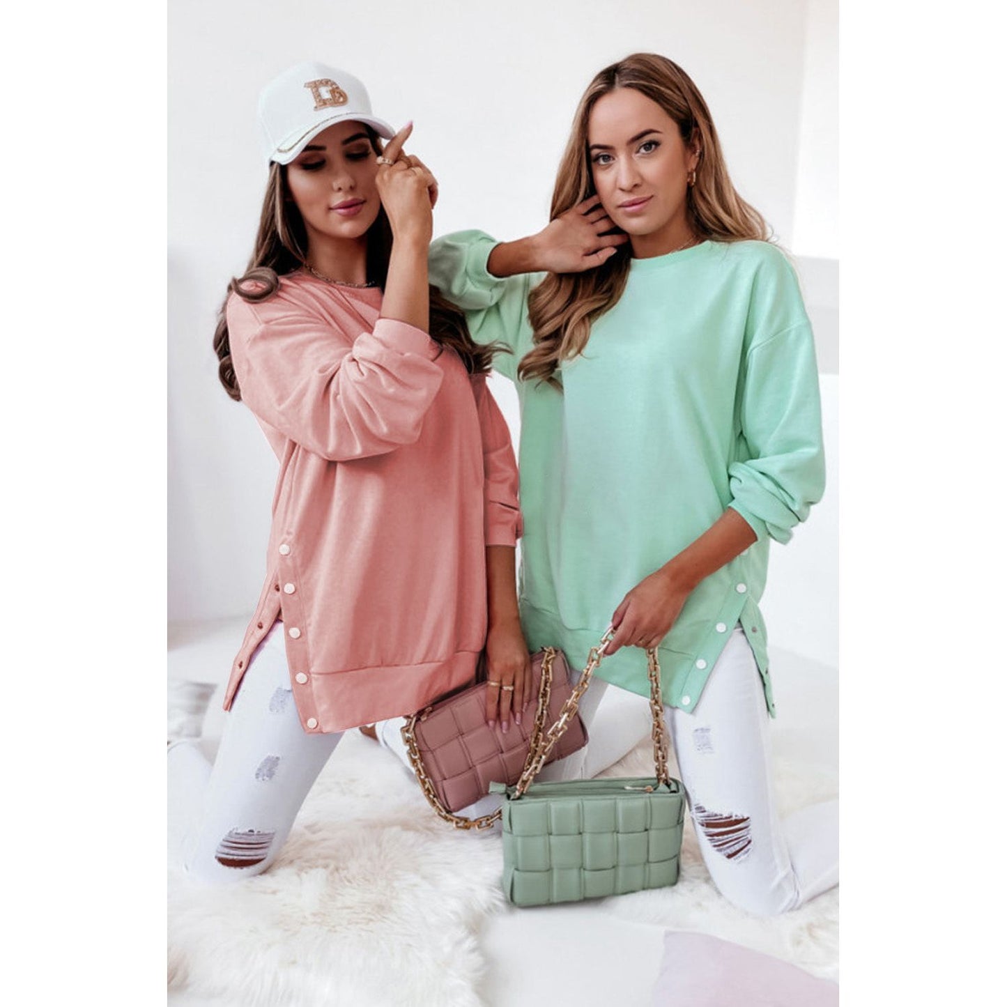 Pink Summer Crew Neck Slit Buttons Sweatshirt