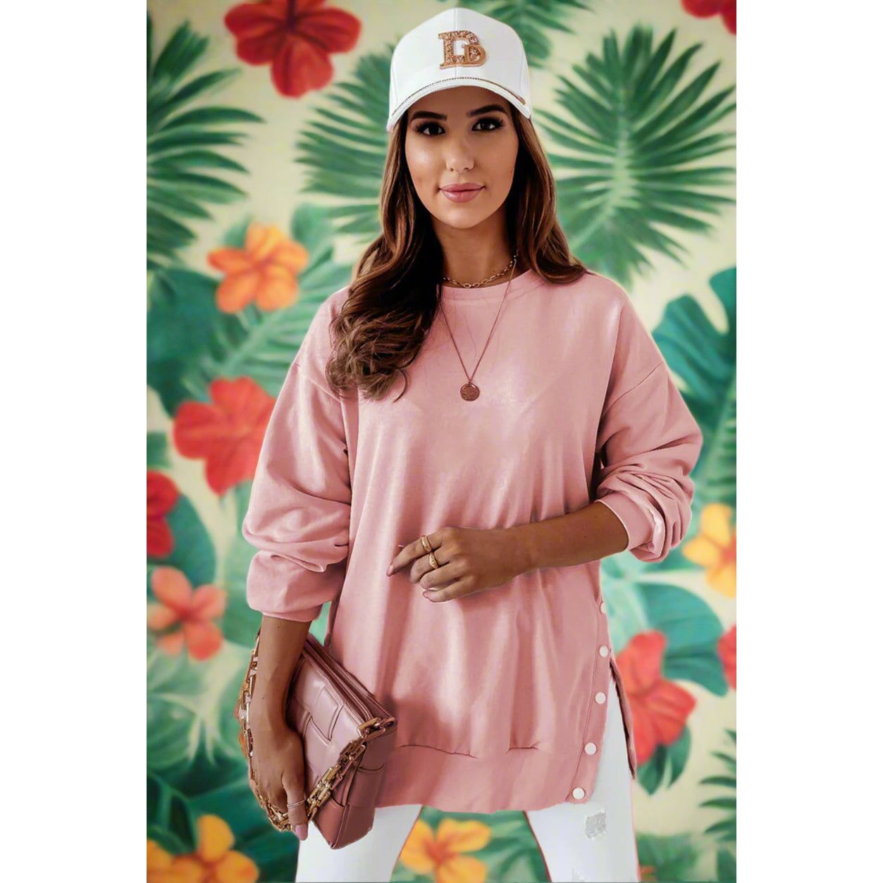 Pink Summer Crew Neck Slit Buttons Sweatshirt