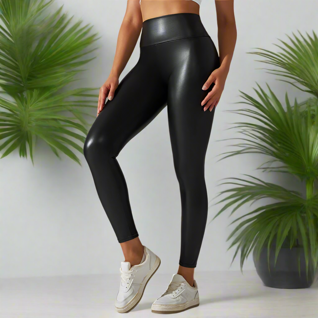 Black Silk High Waist PU Leather Leisure Leggings