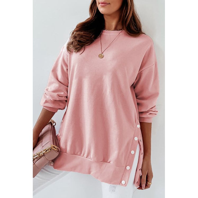 Pink Summer Crew Neck Slit Buttons Sweatshirt