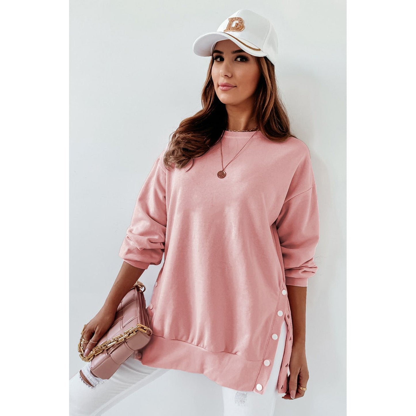 Pink Summer Crew Neck Slit Buttons Sweatshirt