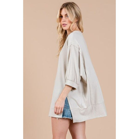 Ces Femme Side Slit Drop Shoulder Puff Sleeve Sweatshirt